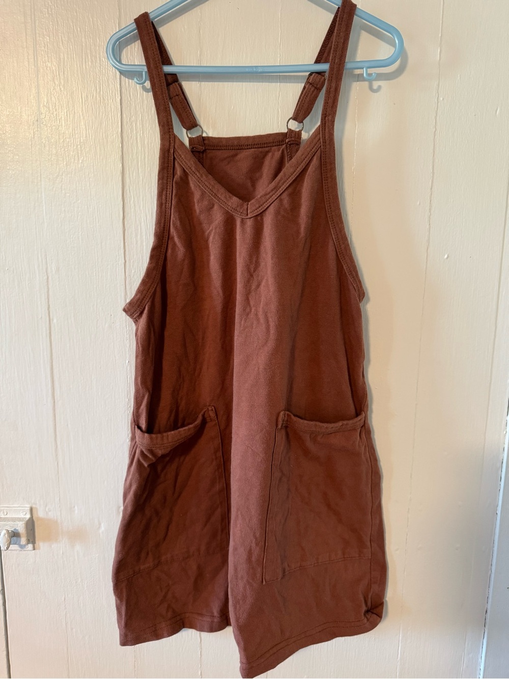 Girls' Brown Cotton Pinafore Romper with Front Pockets